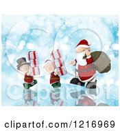 Poster, Art Print Of 3d Santa And Christmas Elves Carrying Gifts Over Blue With Bokeh And Snowflakes