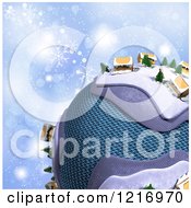 Clipart Of A 3d Cardboard Globe With Cabins And Trees Over Blue With Snowflakes Royalty Free Illustration
