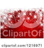 Clipart Of A Red Background Of Snowflakes And Flares With White Foliage Royalty Free Vector Illustration