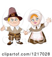 Poster, Art Print Of Friendly Thanksgiving Pilgrim Couple Waving