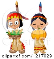 Poster, Art Print Of Cute Thanksgiving Native American Indian Children With Corn And A Pumpkin