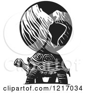 Poster, Art Print Of Woodcut Tortoise Carrying The World On Its Back In Black And White