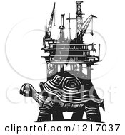Woodcut Tortoise With An Oil Rig In Black And White