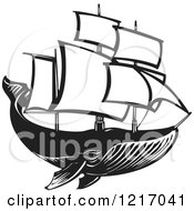 Poster, Art Print Of Woodcut Whale With Sails In Black And White