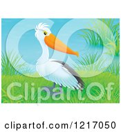 Clipart Of A Cute Airbrushed Pelican By A Pond Royalty Free Illustration by Alex Bannykh