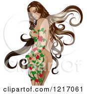 Poster, Art Print Of Nude Woman With Long Brunette Hair Looking Back Over Her Shoulder And A Vine Growing Up Her Body