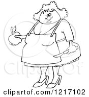 Clipart Of An Outlined Chubby Woman Holding An Apple And A Peeling Knife Royalty Free Vector Illustration
