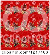 Poster, Art Print Of Seamless Background Of Vintage Robots On Red With Snowflakes