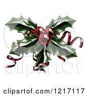 Sprig Of Christmas Holly With Red Berries And Curly Ribbons