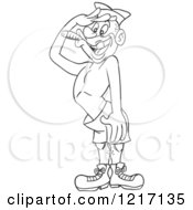 Clipart Of An Outlined Male Soldier In Shorts Saluting With A Cigar In His Mouth Royalty Free Vector Illustration by LaffToon