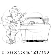 Poster, Art Print Of Outlined Happy Man In A Derby Hat Smoking A Cigar And Playing Pool With A Beer