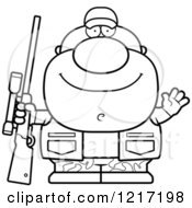 Clipart Of A Black And White Friendly Waving Hunter Man Royalty Free Vector Illustration