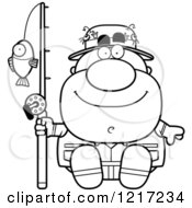 Clipart Of A Black And White Happy Sitting Fisherman Royalty Free Vector Illustration