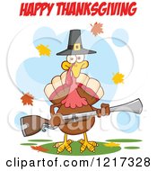 Poster, Art Print Of Happy Thanksgiving Text Over A Pilgrim Turkey Bird Holding A Musket