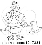 Clipart Of An Outlined Thanksgiving Turkey Bird Holding An Axe Royalty Free Vector Illustration
