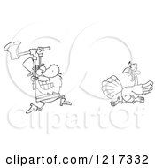 Clipart Of An Outlined Hungry Pilgrim Chasing A Thanksgiving Turkey Bird With An Axe Royalty Free Vector Illustration