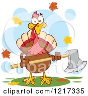 Clipart Of A Thanksgiving Turkey Bird Holding An Axe With Autumn Leaves Royalty Free Vector Illustration