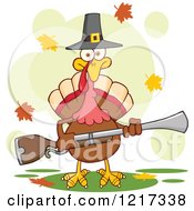 Thanksgiving Pilgrim Turkey Bird Holding A Musket With Fall Leaves