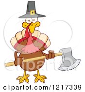 Clipart Of A Thanksgiving Pilgrim Turkey Bird Holding An Axe Royalty Free Vector Illustration