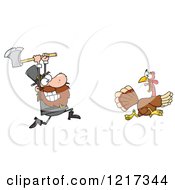 Poster, Art Print Of Hungry Pilgrim Chasing A Thanksgiving Turkey Bird With An Axe