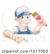 Poster, Art Print Of Happy Male House Painter Holding A Brush And Pointing Down To A Sign