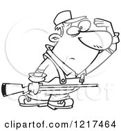Clipart Of An Outlined Cartoon Farmer Or Hunter Shielding His Eyes And Holding A Rifle Royalty Free Vector Illustration by toonaday