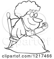 Clipart Of An Outlined Cartoon Granny Making A Quilt Royalty Free Vector Illustration
