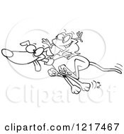 Clipart Of An Outlined Cartoon Frog Riding On A Running Dog Royalty Free Vector Illustration