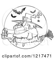 Poster, Art Print Of Outlined Cartoon Fat Halloween Witch Holding A Lantern On A Broomstick