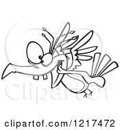Clipart Of An Outlined Cartoon Crazy Bird Flying Royalty Free Vector Illustration