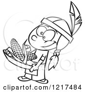 Clipart Of An Outlined Cartoon Native American Boy Holding Corn Royalty Free Vector Illustration