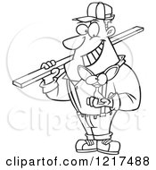 Clipart Of An Outlined Cartoon Burly Contractor Holding A Tiny Chihuahua Dog Royalty Free Vector Illustration