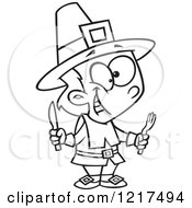 Poster, Art Print Of Outlined Cartoon Hungry Thanksgiving Pilgrim Boy Holding Silverware