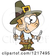 Poster, Art Print Of Cartoon Hungry Thanksgiving Pilgrim Boy Holding Silverware