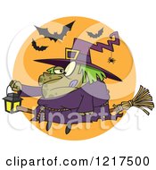 Cartoon Fat Halloween Witch Holding A Lantern On A Broomstick