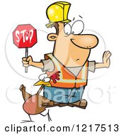 Poster, Art Print Of Cartoon Road Construction Worker Watching A Chicken Cross The Road