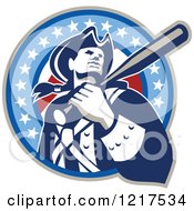 Clipart Of A Retro Patriot Soldier Baseball Player With A Bat Over His Shoulder In An American Circle Royalty Free Vector Illustration