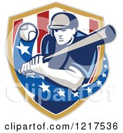 Clipart Of A Retro Baseball Player Swinging A Bat Over An American Shield Royalty Free Vector Illustration