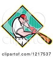 Clipart Of A Baseball Player Swinging A Bat Over A Striped Diamond Royalty Free Vector Illustration