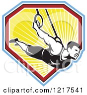 Retro Athletic Man On The Still Rings Over A Shield Of Ray