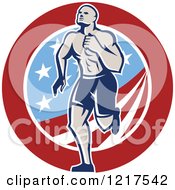 Clipart Of A Retro Crossfit Athlete Man Running Over An American Circle Royalty Free Vector Illustration