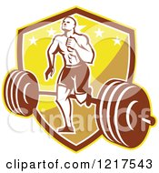Poster, Art Print Of Retro Crossfit Athlete Man Running Over A Barbell On A Shield