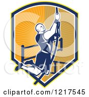 Poster, Art Print Of Retro Crossfit Athlete Climbing A Rope Over A Shield Of Rays