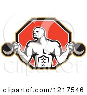Poster, Art Print Of Retro Crossfit Bodybuilder With Kettlebells In A Red Hexagon