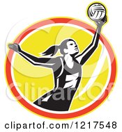 Retro Female Netball Player Rebounding Over A Yellow Oval