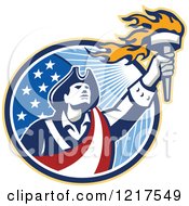Clipart Of A Retro American Patriot Soldier Holding A Torch Over A Circle Royalty Free Vector Illustration