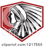 Clipart Of A Retro Native American Chief With A Feather Headdress In Profile Over A Red Shield Royalty Free Vector Illustration