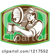 Poster, Art Print Of Retro Bartender Holding A Keg On His Shoulder And Pouring A Beer Over Green