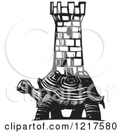 Clipart Of A Woodcut Tortoise Carrying A Tower In Black And White Royalty Free Vector Illustration