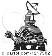 Woodcut Tortoise Carrying A Satellite Dish In Black And White